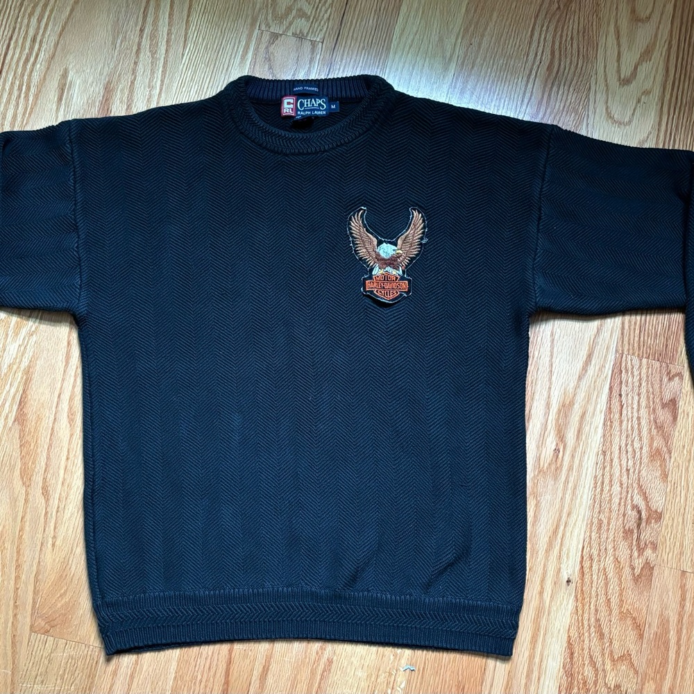 Chaps Ralph Lauren Knit herringbone Sweater Harley Davidson Patch Men’s Medium